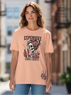 Custom print Expensive Talks Back Peach Graphic Tee  Casual Top